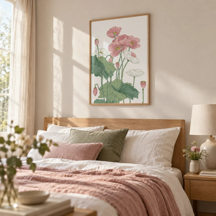 Botanical Flower Print, framed on the wall of a soft bedroom
