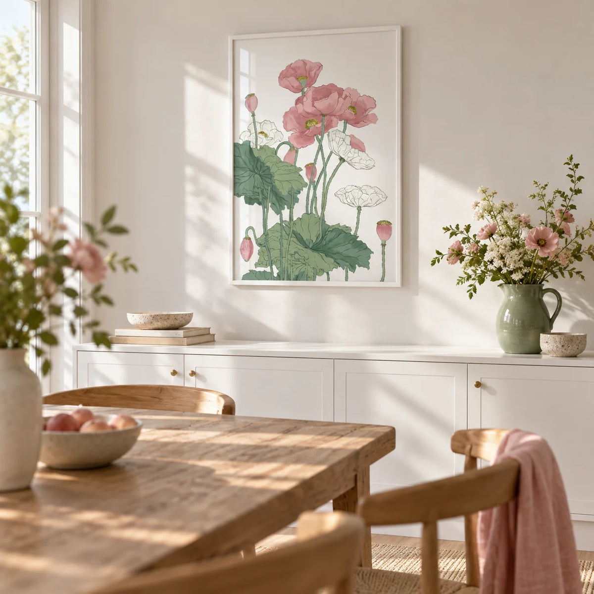 Botanical Flower Print, framed on the wall of a sunny dining room
