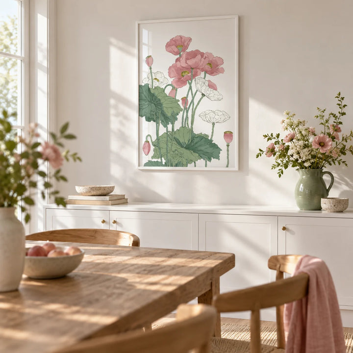 Botanical Flower Print, framed on the wall of a sunny dining room
