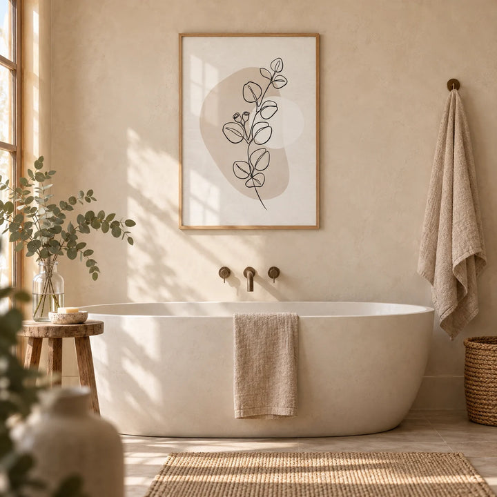 Botanical Line Art Print, framed on the wall of a calm spa bathroom with warm plaster walls