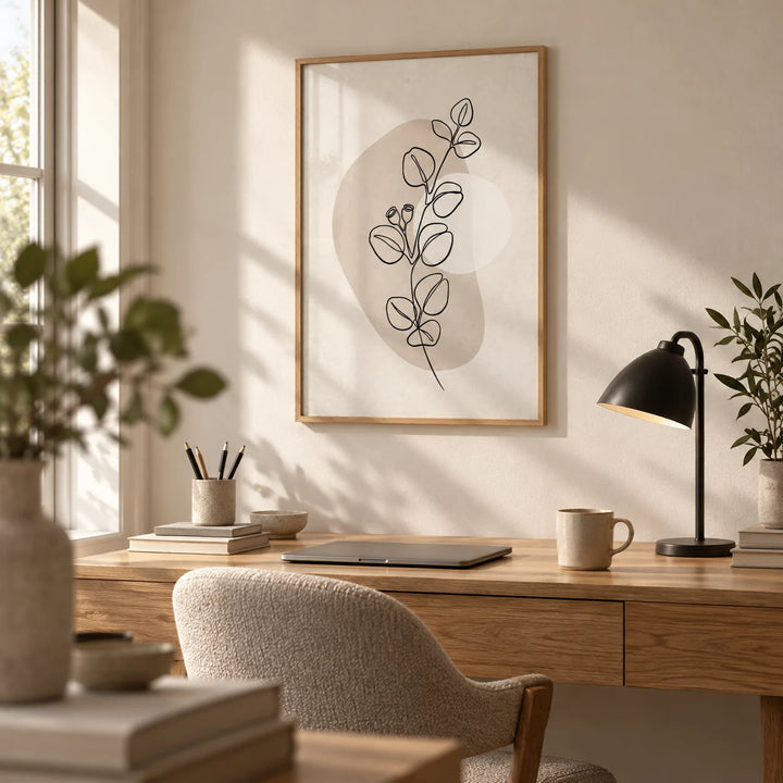 Botanical Line Art Print, framed on the wall of a quiet home office