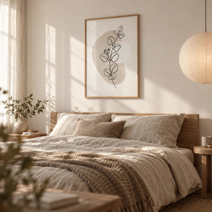 Botanical Line Art Print, framed on the wall of a soft neutral bedroom