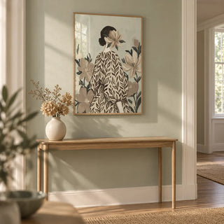 Botanical Portrait Painting, framed on the wall of a calm hallway with a pale sage painted wall