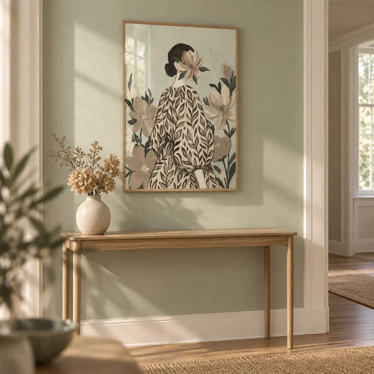 Botanical Portrait Painting, framed on the wall of a calm hallway with a pale sage painted wall