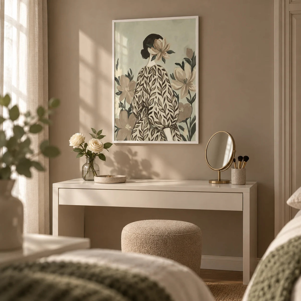 Botanical Portrait Painting, framed on the wall of a dressing corner with a warm taupe painted wall