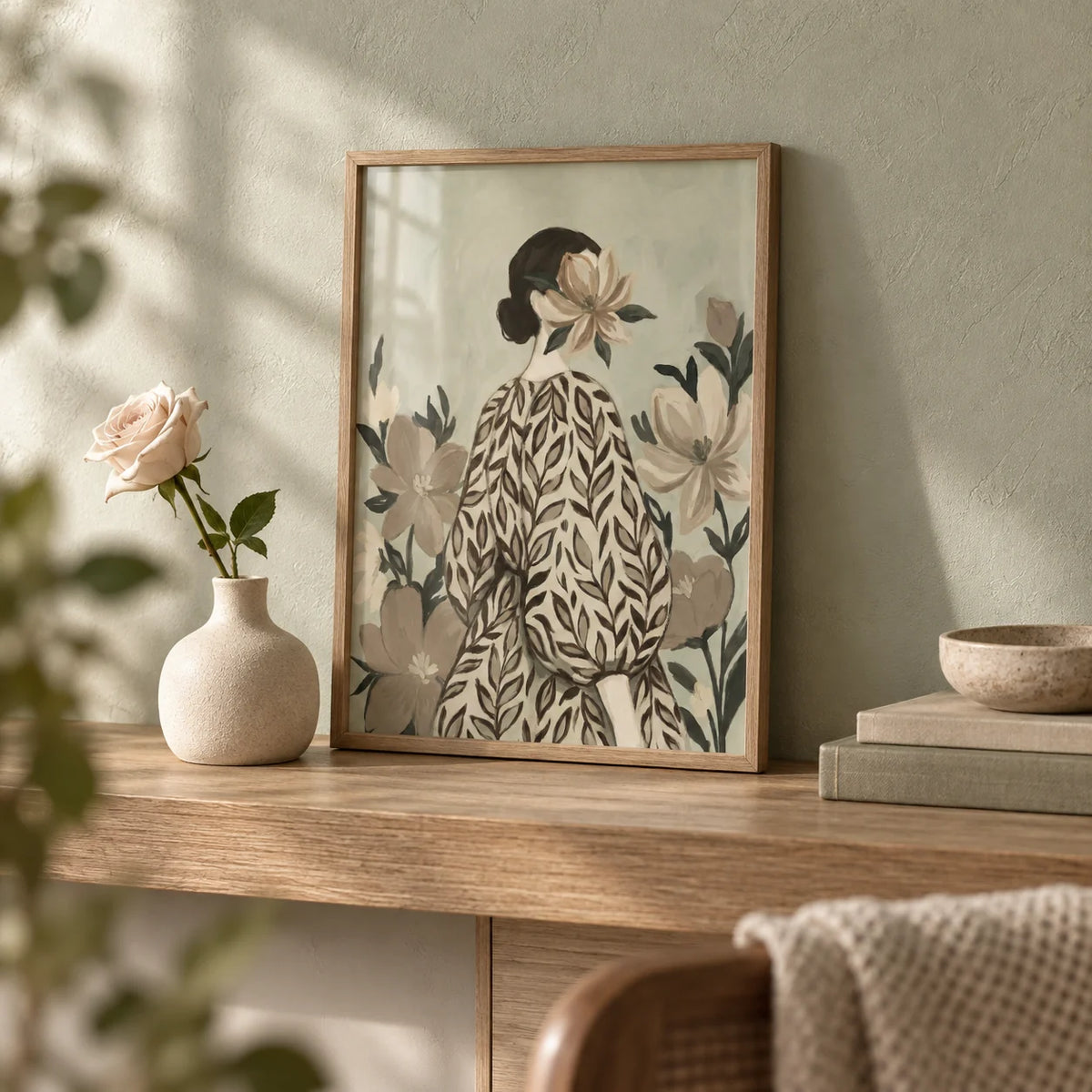 Botanical Portrait Painting, a small A4 framed print leaning on an oak shelf in a living room