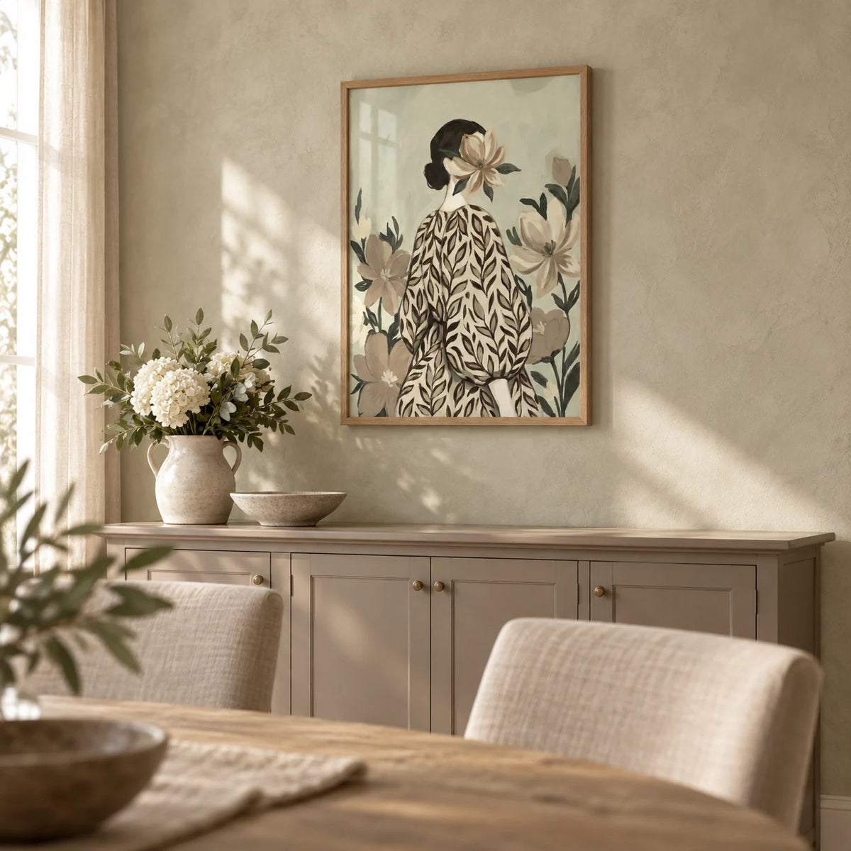 Botanical Portrait Painting, framed on the wall of a soft dining room