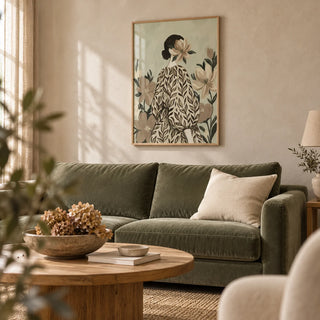 Botanical Portrait Painting, framed on the wall of a soft living room