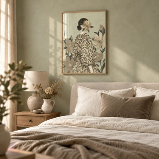 Botanical Portrait Painting, framed on the wall of a soft romantic bedroom with a pale sage limewashed wall