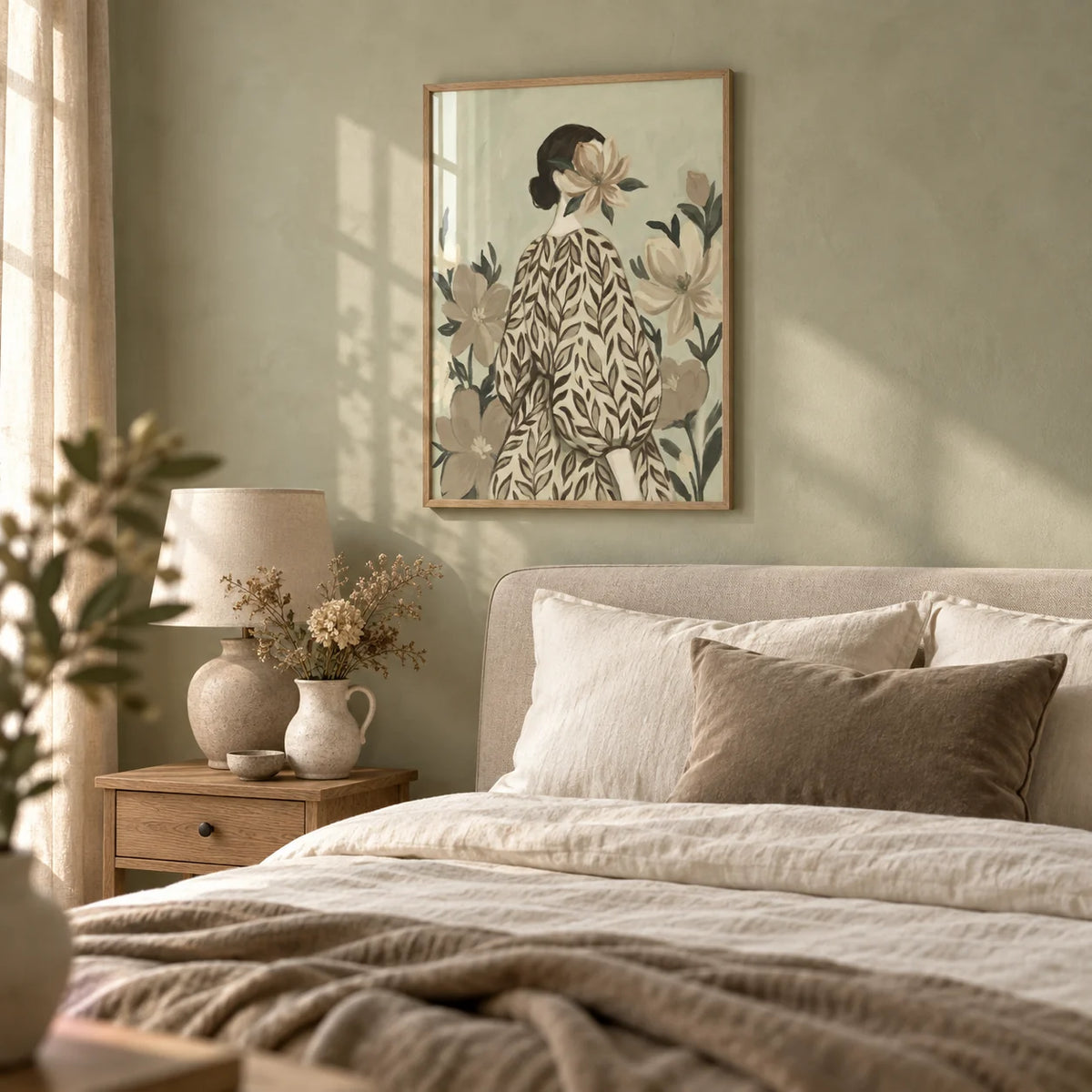 Botanical Portrait Painting, framed on the wall of a soft romantic bedroom with a pale sage limewashed wall