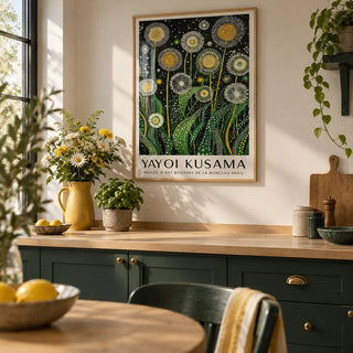 Botanical Wall Art, framed on the wall of a calm kitchen with dark green painted cabinets and a pale oak worktop