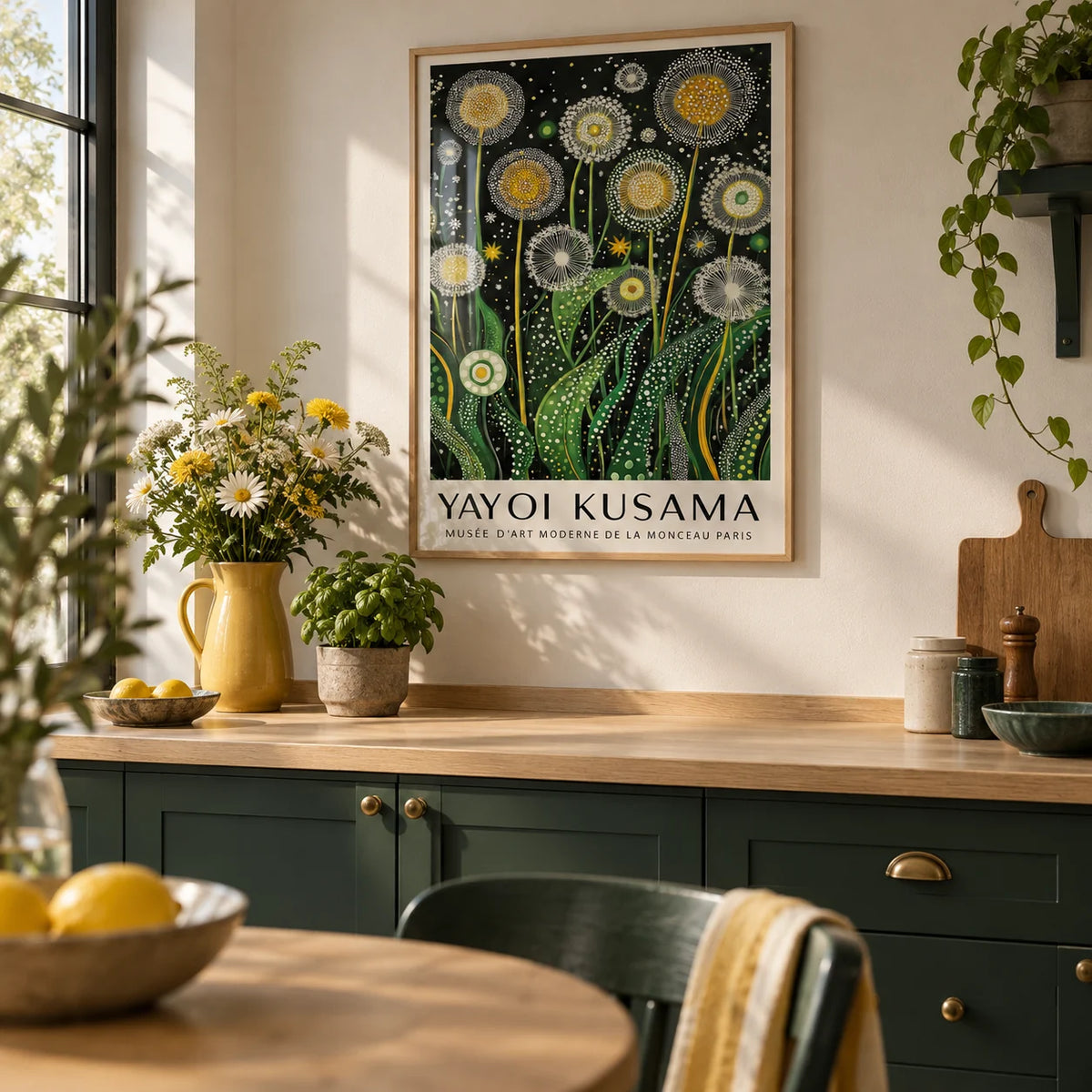 Botanical Wall Art, framed on the wall of a calm kitchen with dark green painted cabinets and a pale oak worktop
