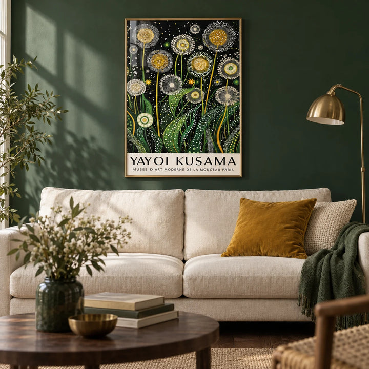 Botanical Wall Art, framed on the wall of a calm living room with a deep forest green painted wall and a dark oak floor
