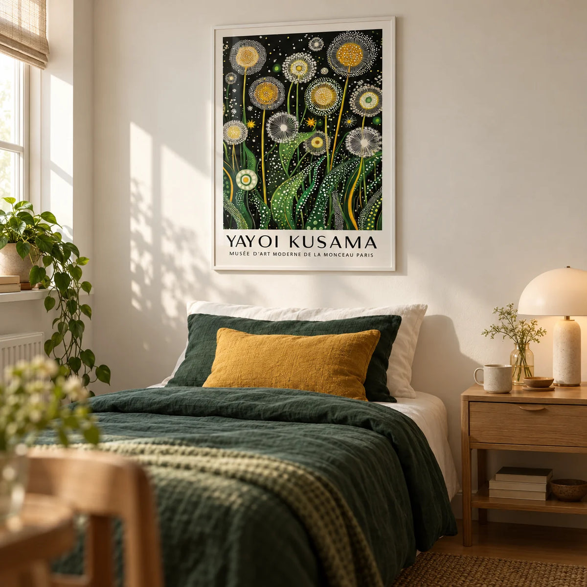 Botanical Wall Art, framed on the wall of a calm single guest bedroom with a warm white wall
