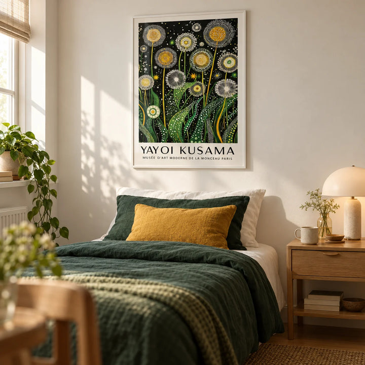 Botanical Wall Art, framed on the wall of a calm single guest bedroom with a warm white wall