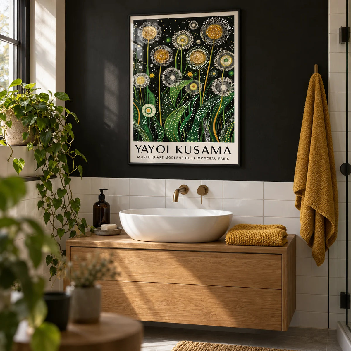 Botanical Wall Art, framed on the wall of a modern bathroom with a black painted wall and plain white tiles
