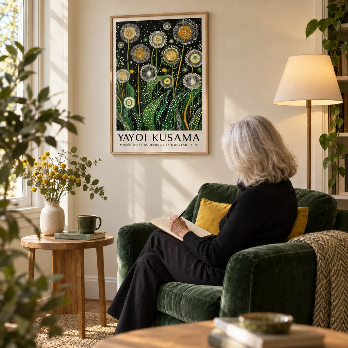Botanical Wall Art, framed on the wall of a quiet reading corner with a warm cream wall in a living room