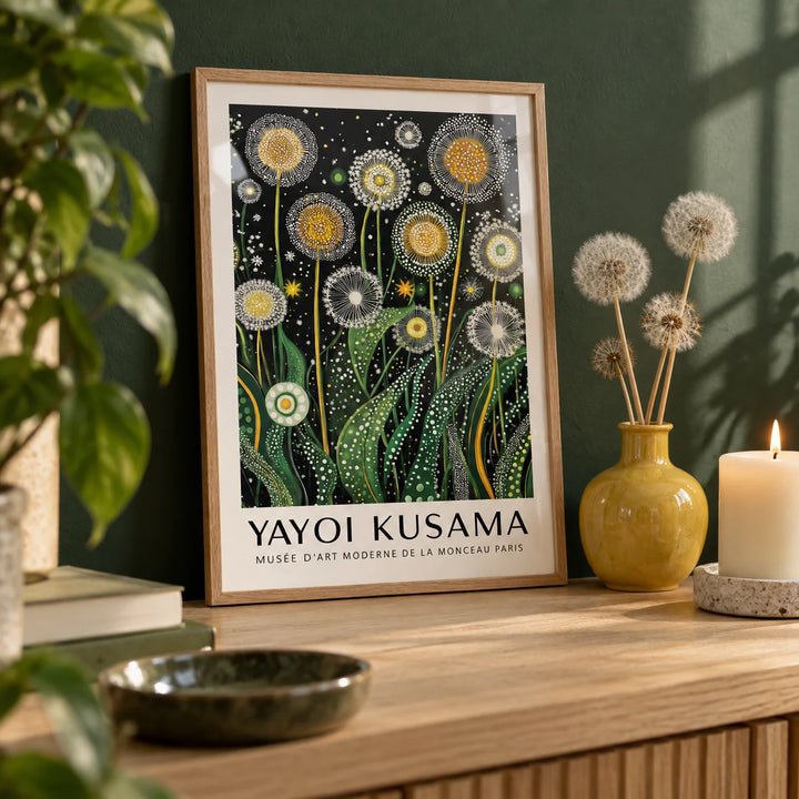 Botanical Wall Art, a small A4 framed print leaning on a pale oak shelf in a living room