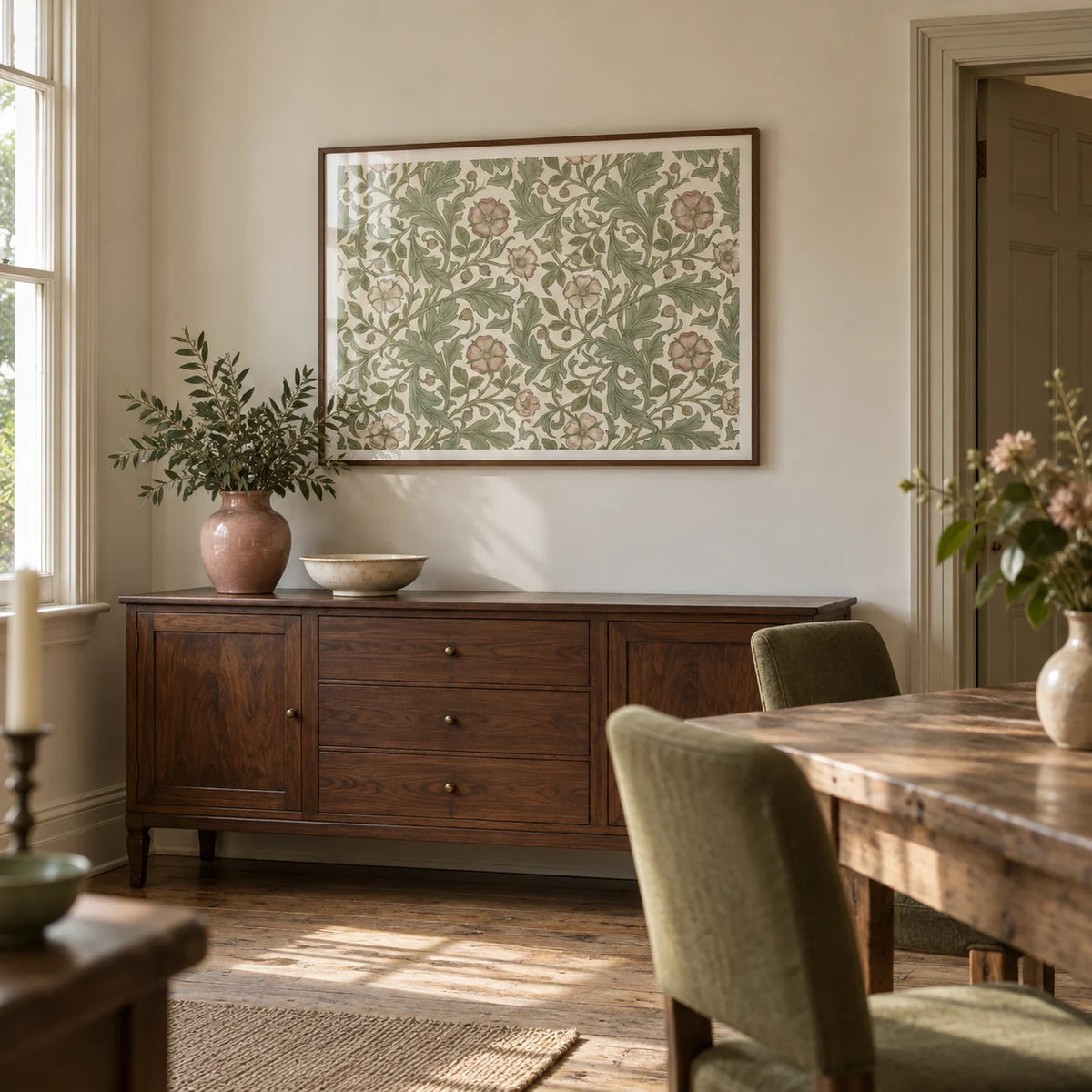 Botanical Wall Decor, framed on the wall of a modest dining room in a period UK home with pale ivory walls and a stripped timber floor