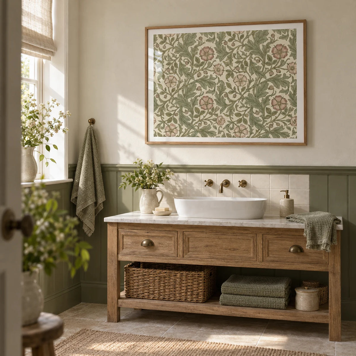 Botanical Wall Decor, framed on the wall of a quiet cottage bathroom with ivory walls