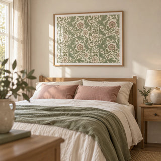 Botanical Wall Decor, framed on the wall of a restful cottage bedroom with a warm cream wall and simple wooden furniture