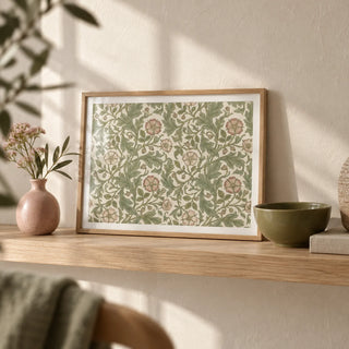 Botanical Wall Decor, a small A4 framed print leaning on a pale oak shelf in a living room