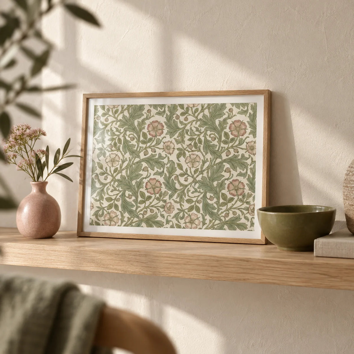 Botanical Wall Decor, a small A4 framed print leaning on a pale oak shelf in a living room
