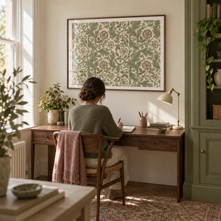 Botanical Wall Decor, framed on the wall of a small home study in a restored terraced house with ivory walls and an olive green built-in cupboard