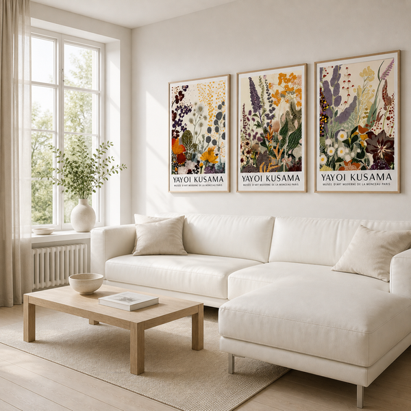 botanical wall art set with detailed floral patterns in neutral tones displayed as three framed prints on a minimalist wall