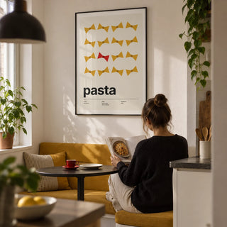 Bow Tie Pasta Print, framed on the wall of a compact breakfast nook in a first flat for a design-conscious cook (22-28) in a kitchen