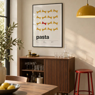 Bow Tie Pasta Print, framed on the wall of a compact home bar corner within a modern dining room