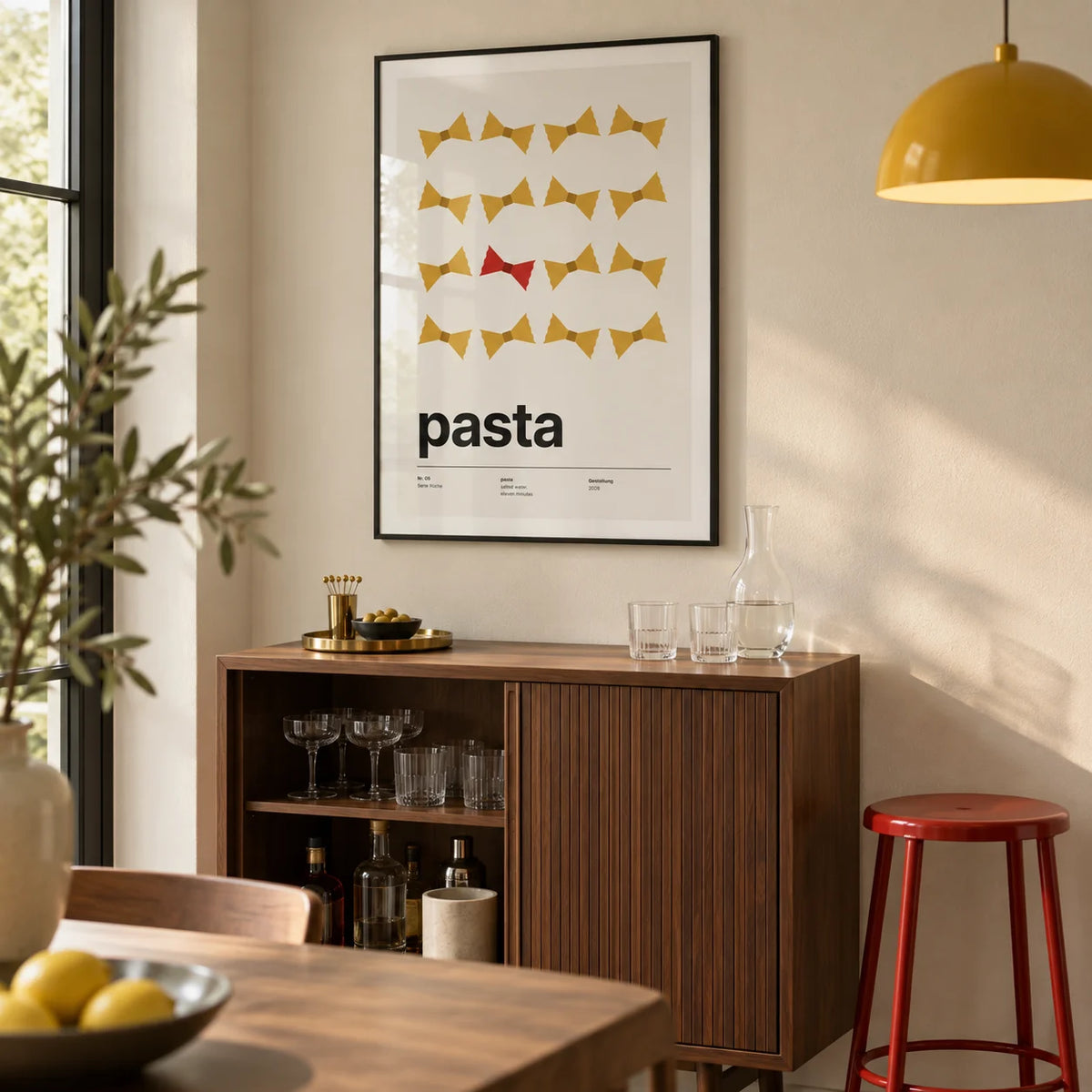 Bow Tie Pasta Print, framed on the wall of a compact home bar corner within a modern dining room