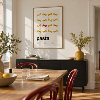 Bow Tie Pasta Print, framed on the wall of a crisp dining room in a renovated terraced house with an off-white wall and oak floor