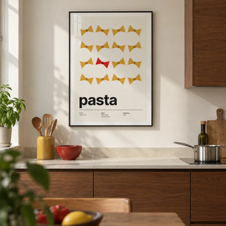Bow Tie Pasta Print, framed on the wall of a modern kitchen in a UK city flat with flat-front walnut cabinets