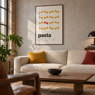 Bow Tie Pasta Print, framed on the wall of a modern living room in a converted UK warehouse flat with a pale concrete wall and warm timber floor