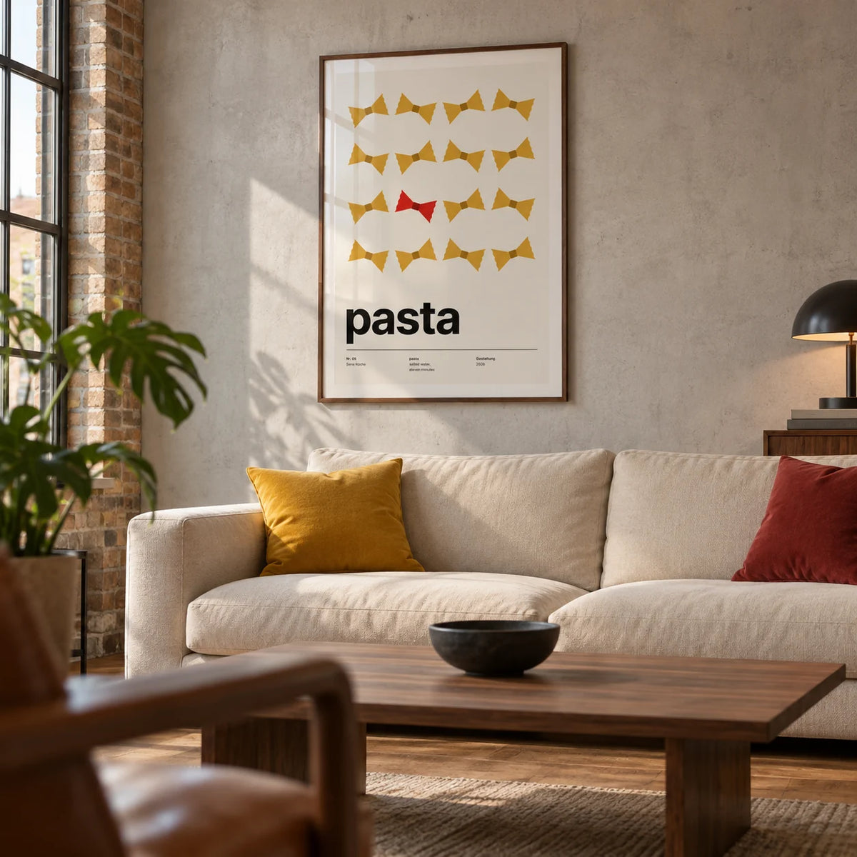 Bow Tie Pasta Print, framed on the wall of a modern living room in a converted UK warehouse flat with a pale concrete wall and warm timber floor