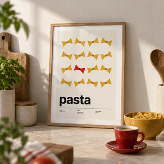 Bow Tie Pasta Print, a small A4 framed print leaning on a pale stone kitchen worktop