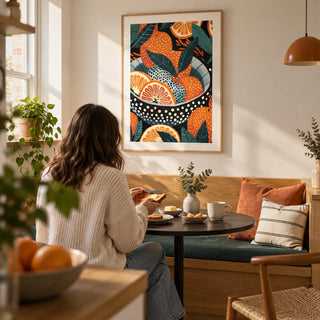 Bowl of Oranges Art, framed on the wall of a compact breakfast nook in a first flat for a couple aged 25-30 in a kitchen