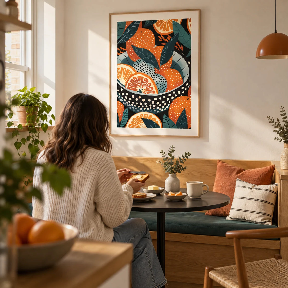 Bowl of Oranges Art, framed on the wall of a compact breakfast nook in a first flat for a couple aged 25-30 in a kitchen