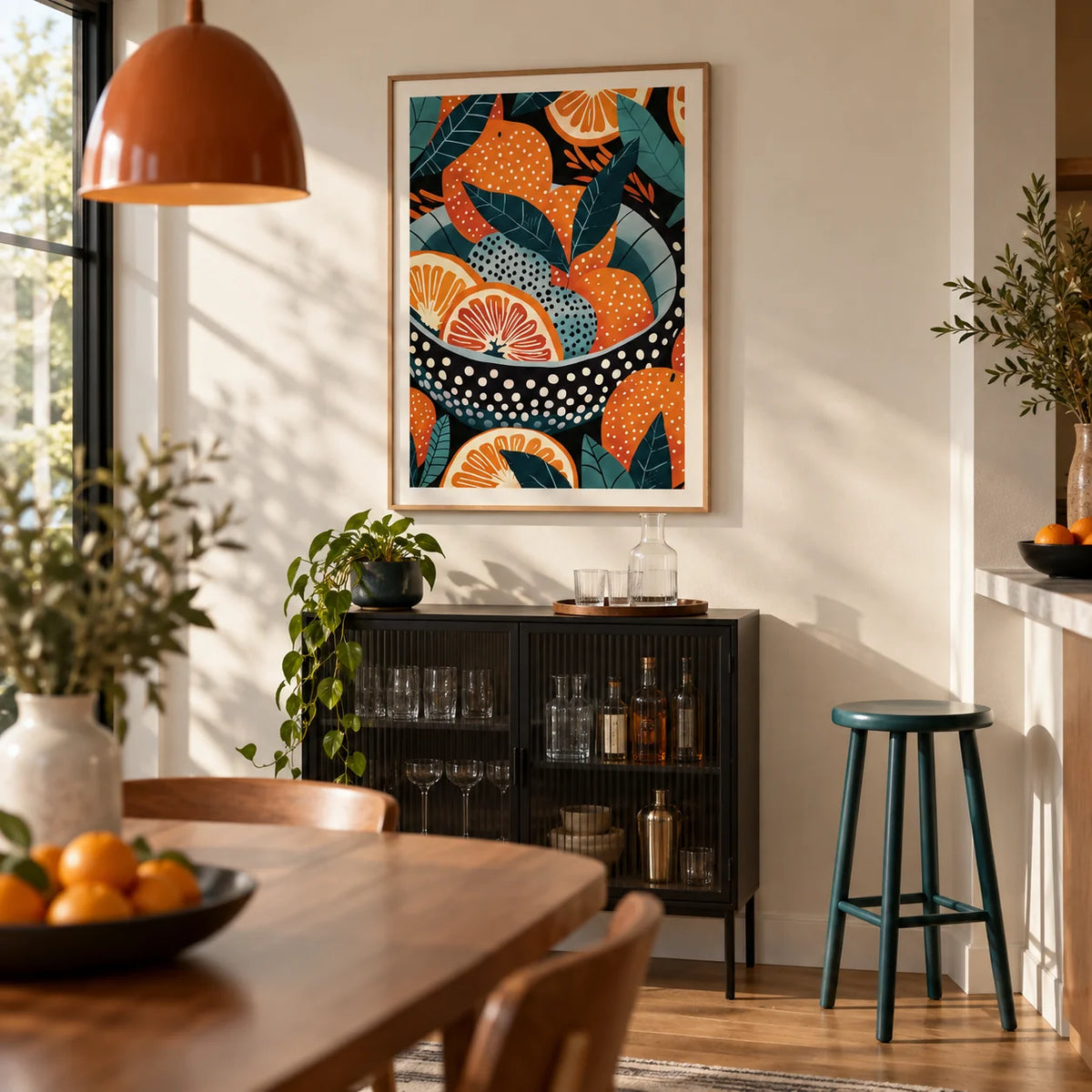 Bowl of Oranges Art, framed on the wall of a contemporary open-plan dining area with a home bar corner