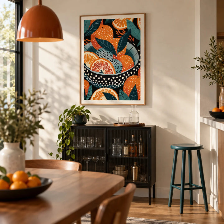 Bowl of Oranges Art, framed on the wall of a contemporary open-plan dining area with a home bar corner
