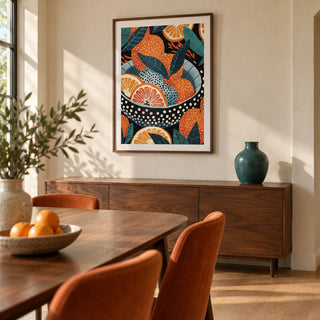 Bowl of Oranges Art, framed on the wall of a design-led dining room with warm cream plaster walls and a walnut dining table