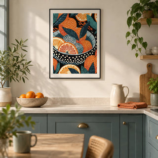 Bowl of Oranges Art, framed on the wall of a modern kitchen in a UK terraced house with muted teal cabinets
