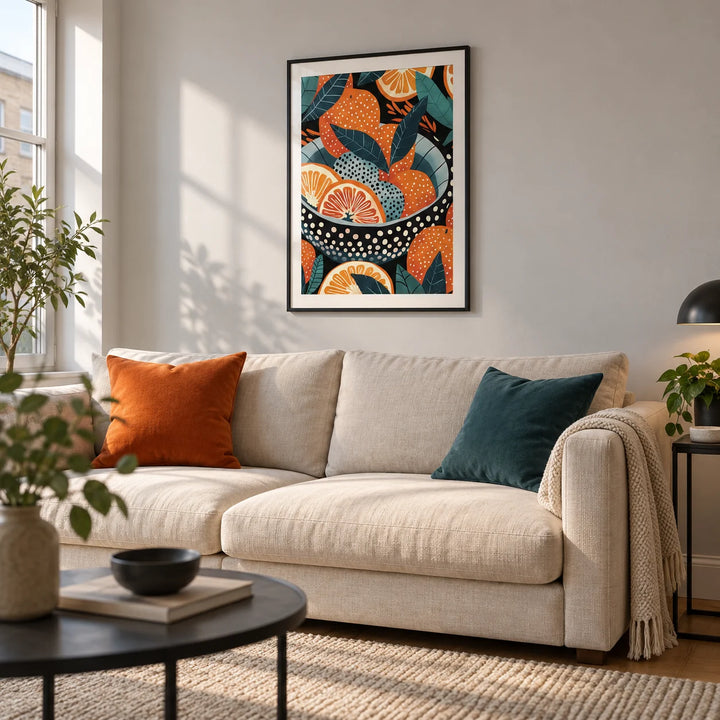 Bowl of Oranges Art, framed on the wall of a modern living room in a UK city flat with a pale grey wall and a low cream linen sofa