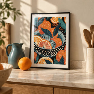 Bowl of Oranges Art, a small A4 framed print leaning on a pale stone kitchen worktop