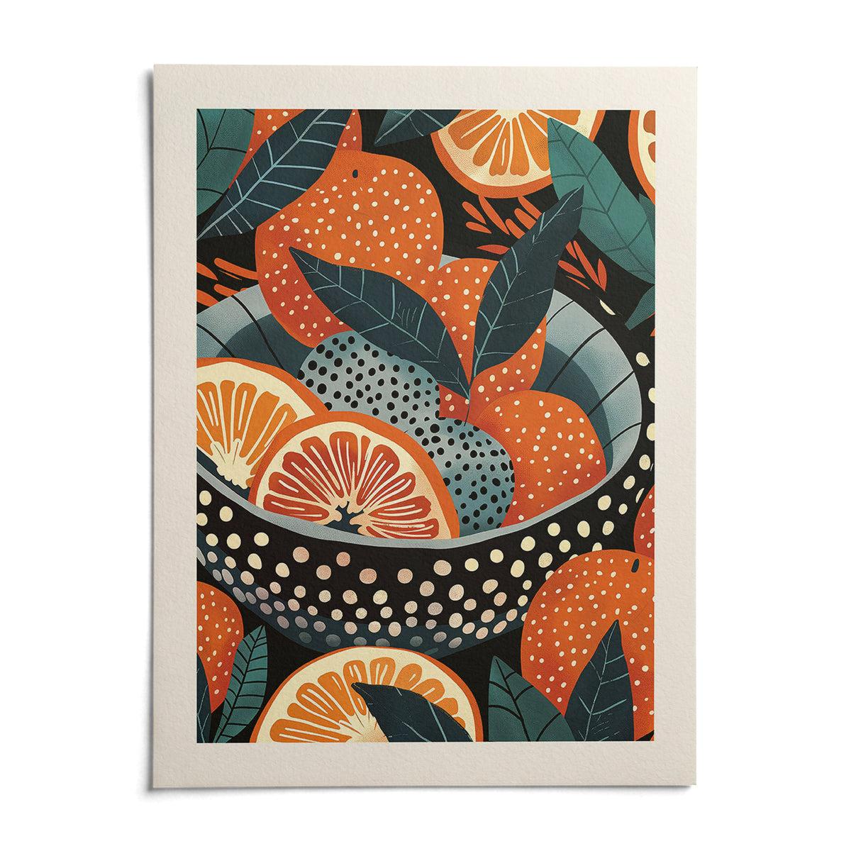 Bowl of Oranges Art, shown as an unframed paper print on a plain white background