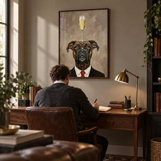 Boxer Dog Poster, framed on the wall of a classic study with a warm grey wall