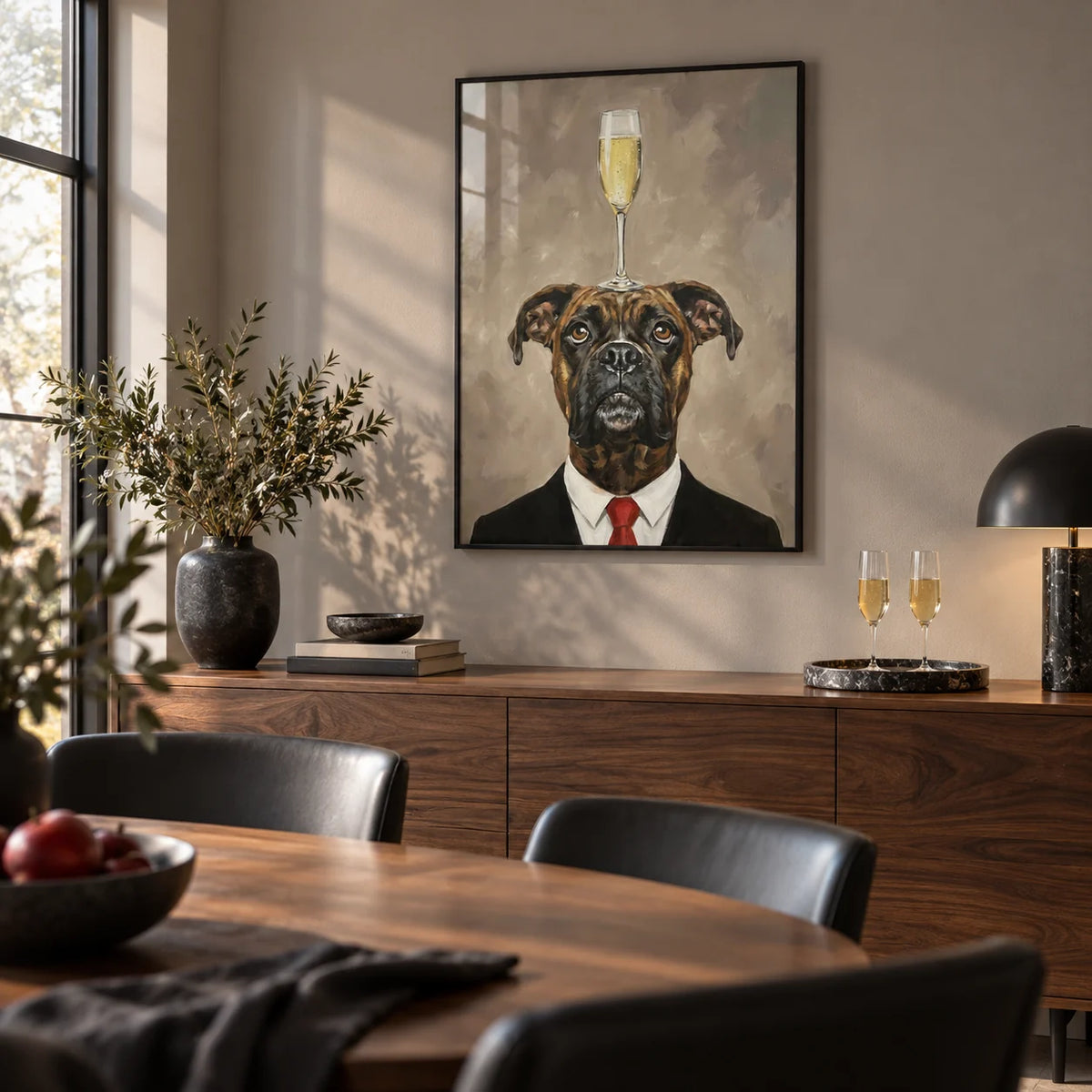 Boxer Dog Poster, framed on the wall of a smart dining room with a warm grey wall