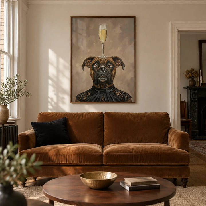 Boxer Dog Print, framed on the wall of a characterful living room in a UK Victorian terrace with warm off-white walls