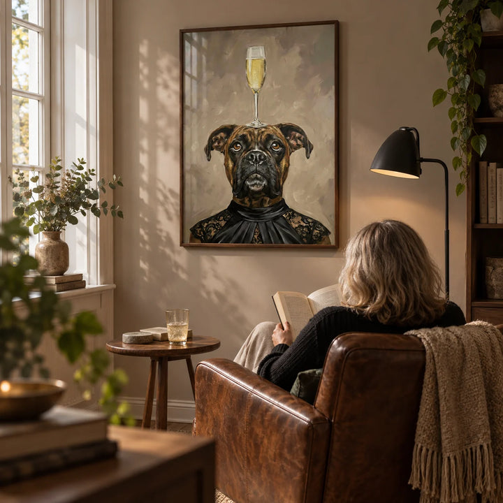 Boxer Dog Print, framed on the wall of a quiet reading corner in a mature couple's UK home with warm taupe walls and a tall window in a living room